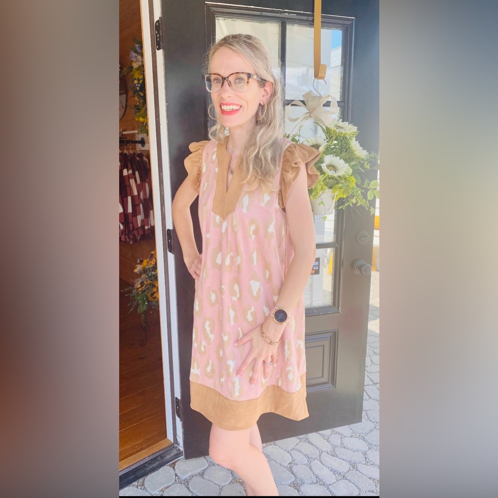 Pink and Tan Ruffle Sleeve Dress